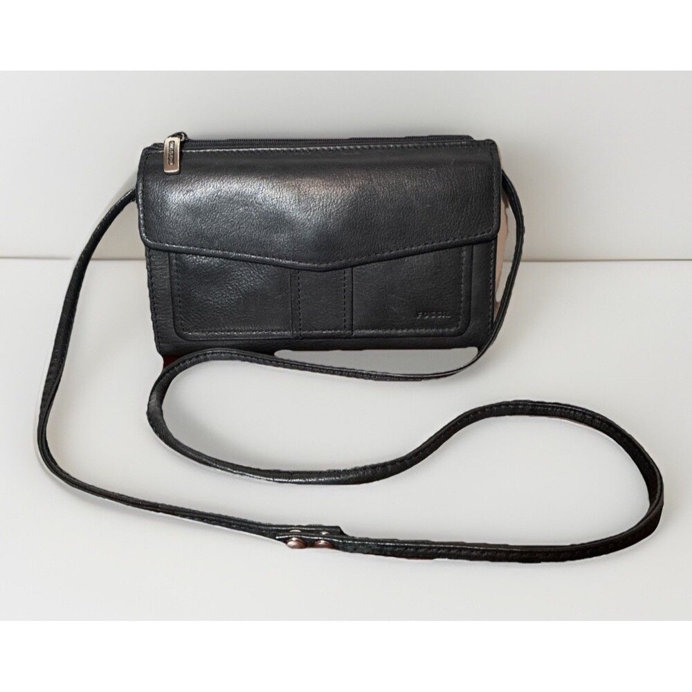 Vintage Fossil Black Leather Small Wallet Crossbody Purse Bag Phone Holder
